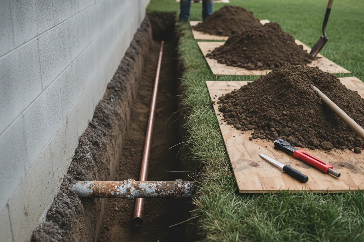 Excavated water line trench during Sewer Line Repair in Pine Hall